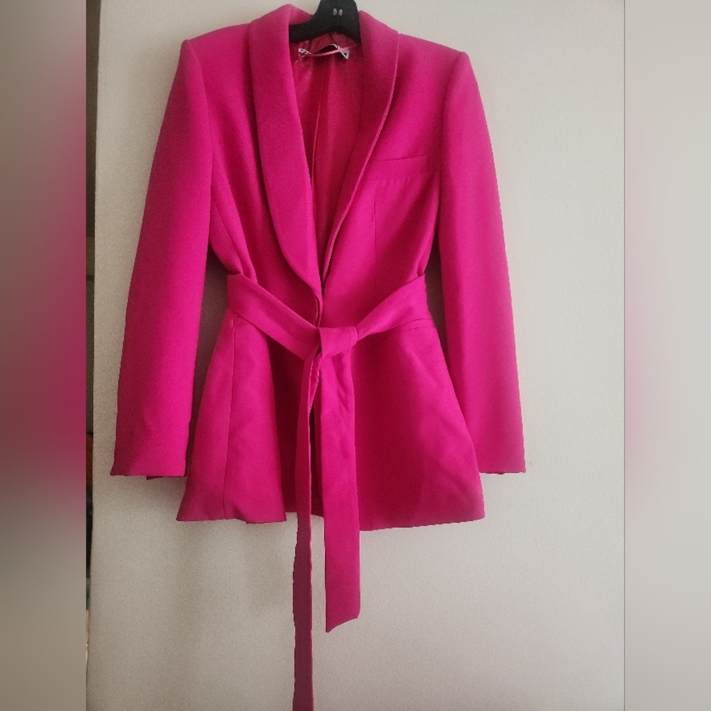 ZARA Zw co-ord set Tuxedo Collar Blazer Belted + Pants neon Fuschia Sz M BNWT - Picture 3 of 15